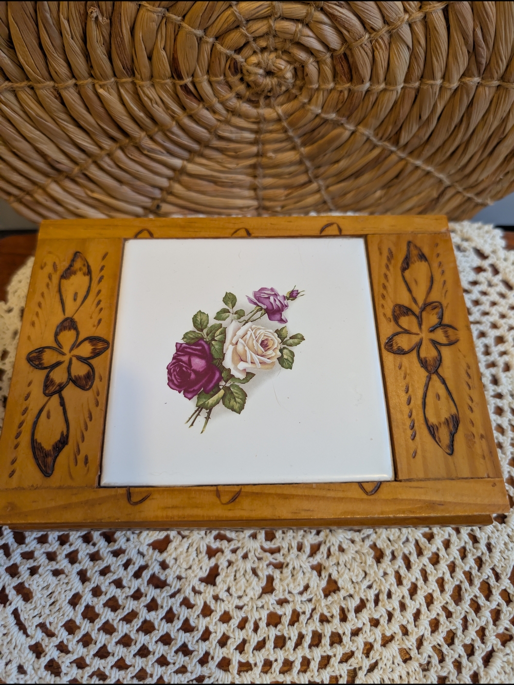 Wood Frame Ceramic Tile with Rose Motif - Purple & Cream Jewlery Box Vintage